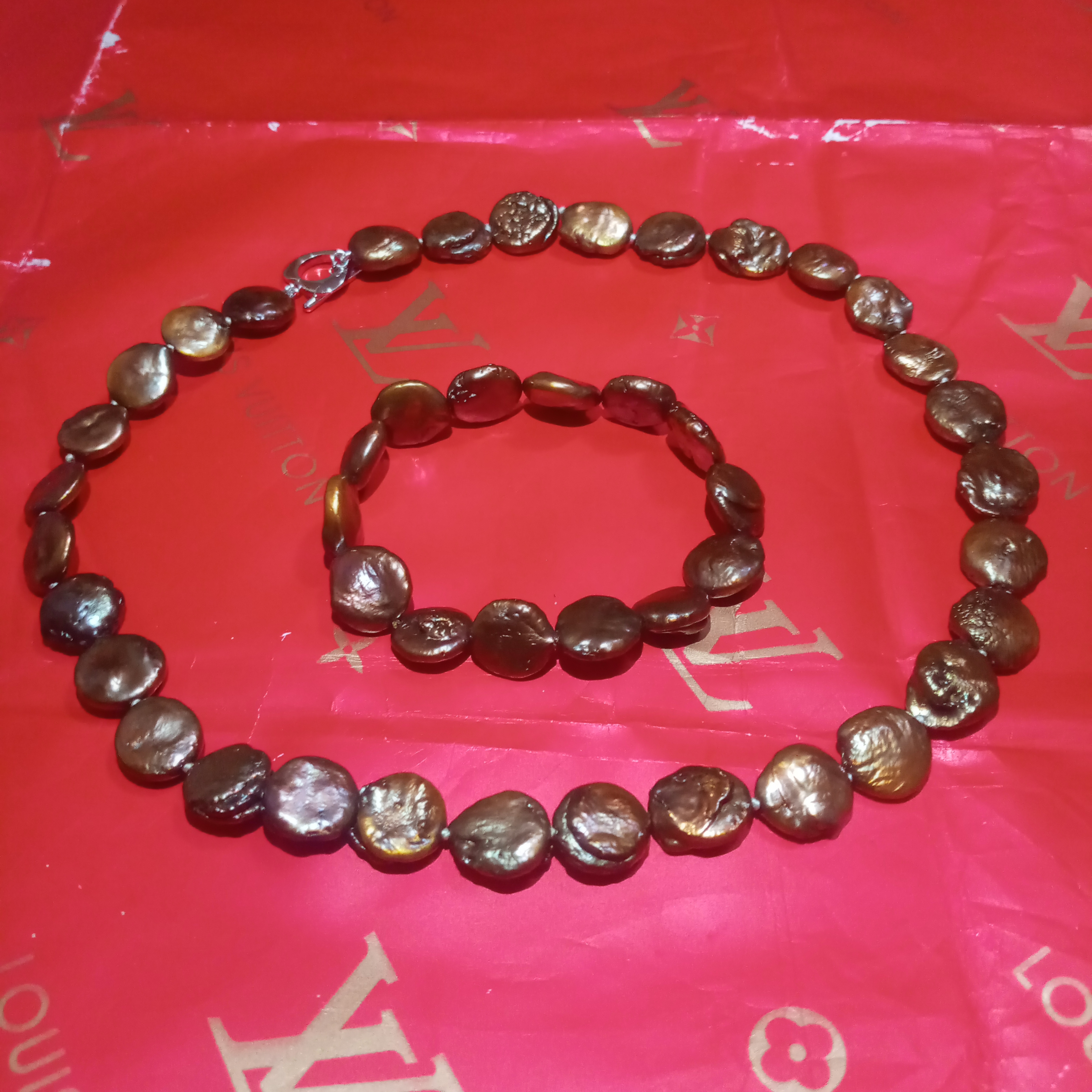 Elegant Brown Necklace And Bracelet Set With Sterling Toggler Lock On Neck